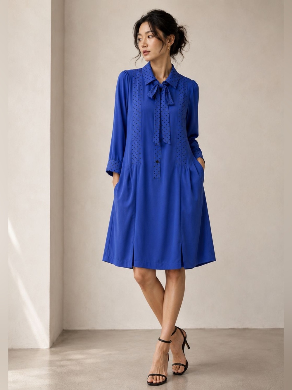 Vintage Royal Blue Polka Dot Tie-Neck Midi Dress Approx L